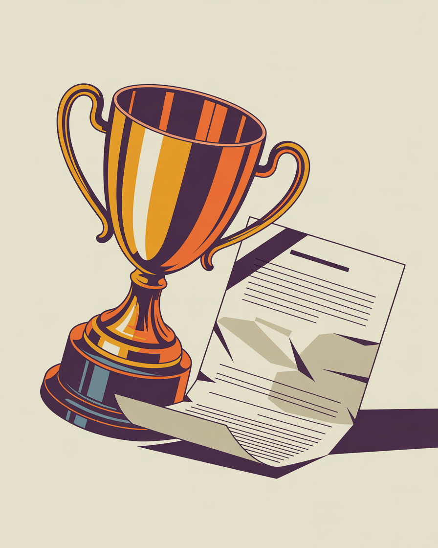 Retro trophy next to document illustration representing results-focused seo approach