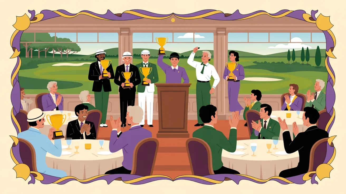 Retro illustration of golf outing awards ceremony with diverse winners receiving prizes and sponsor recognition