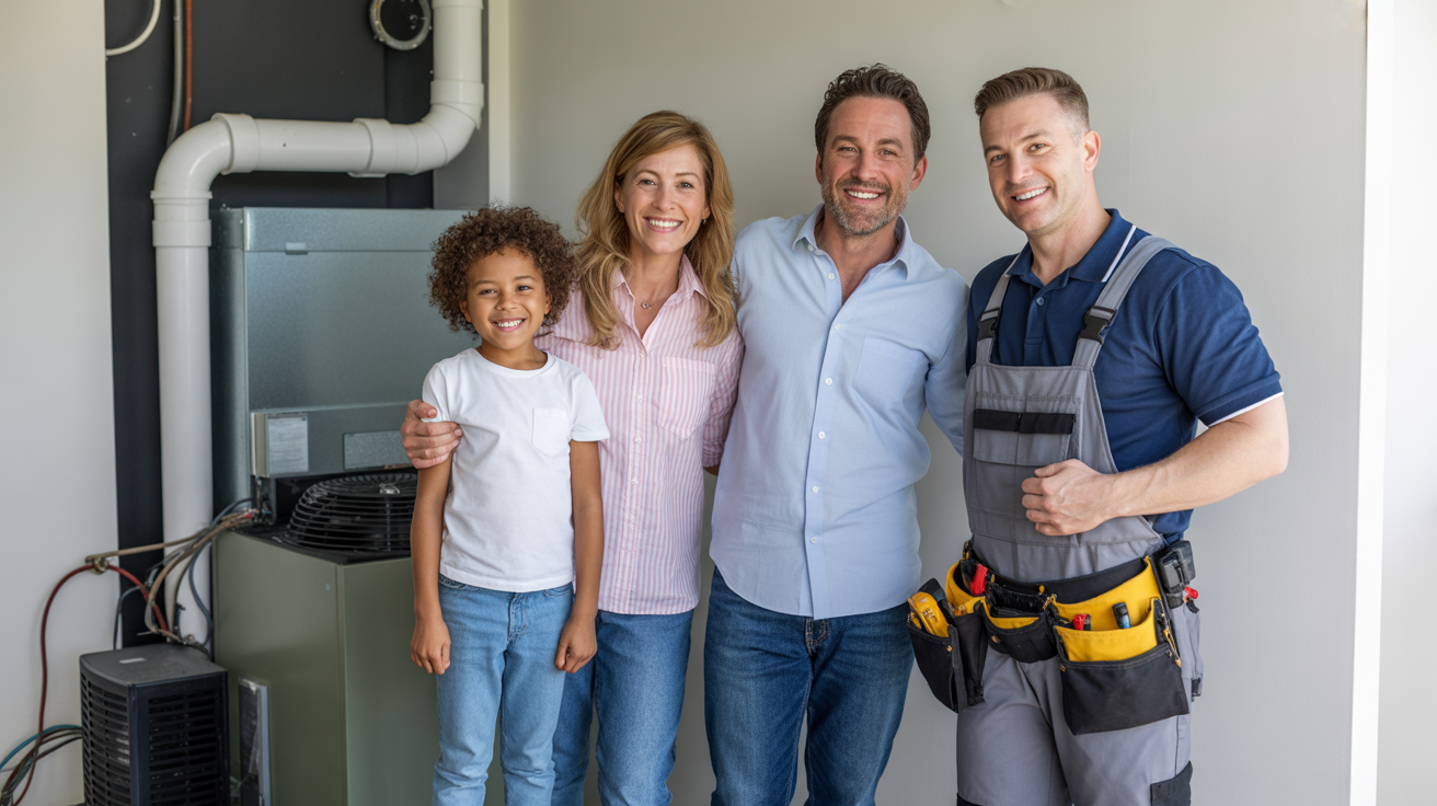 Satisfied HVAC customers with technician after successful system installation representing positive review generation and professional reputation building