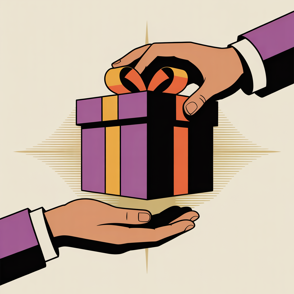 Retro gift box handoff illustration representing final design delivery and support