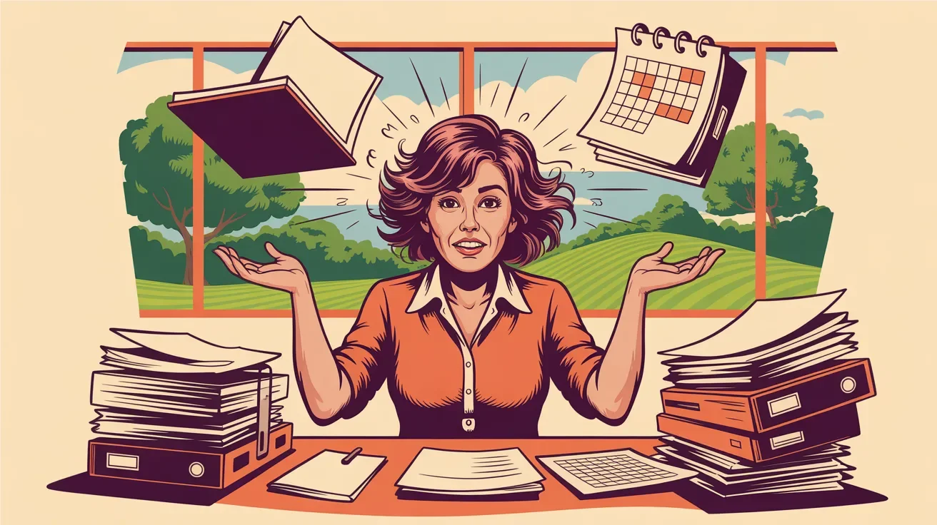 Retro illustration of overwhelmed nonprofit executive director juggling event planning with regular duties