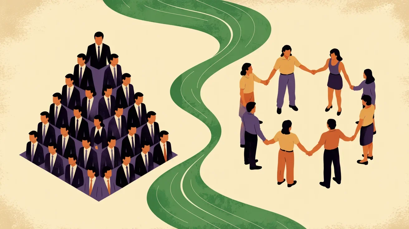 Retro illustration comparing corporate hierarchy structure with association board collaborative circle