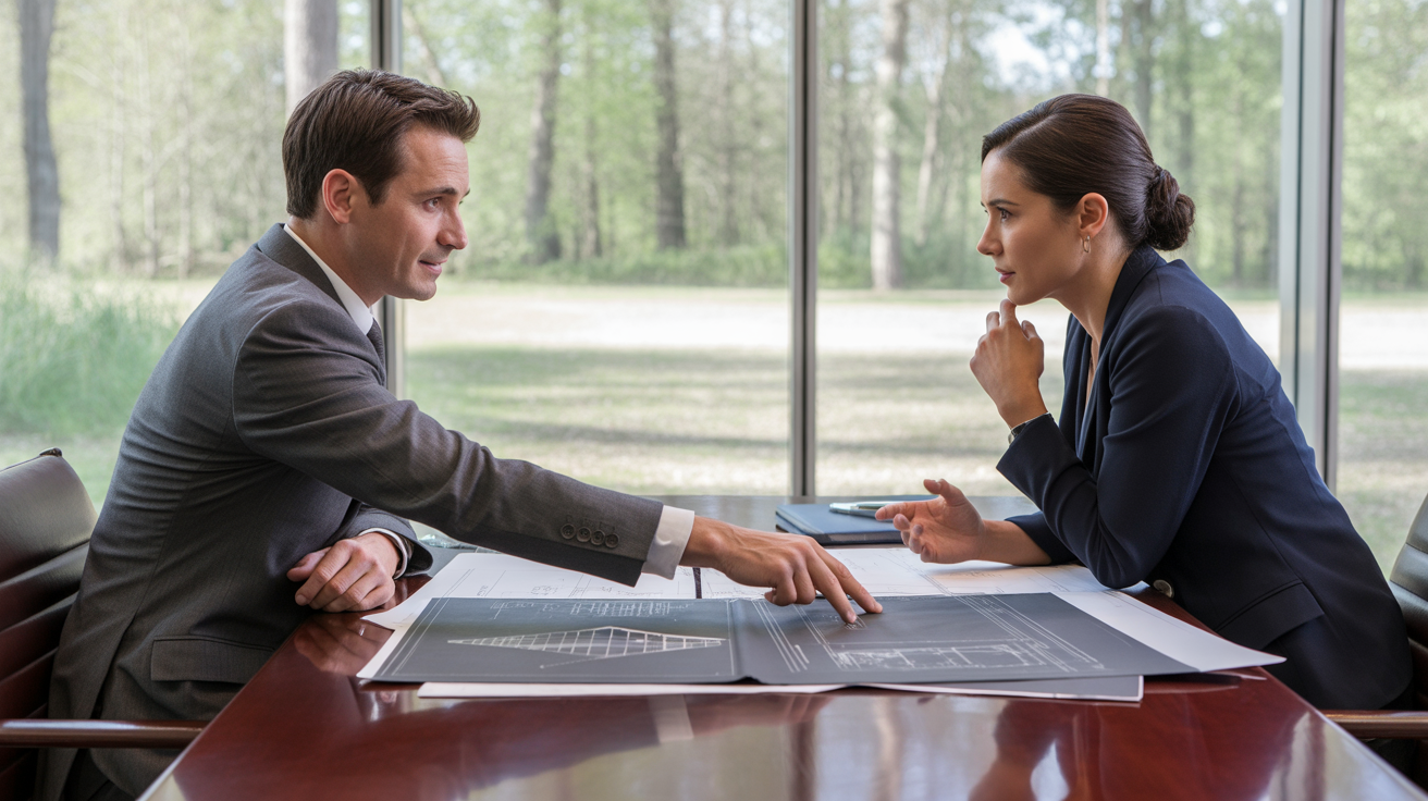 Business owner interviewing potential marketing consultant with strategic questions and portfolio review