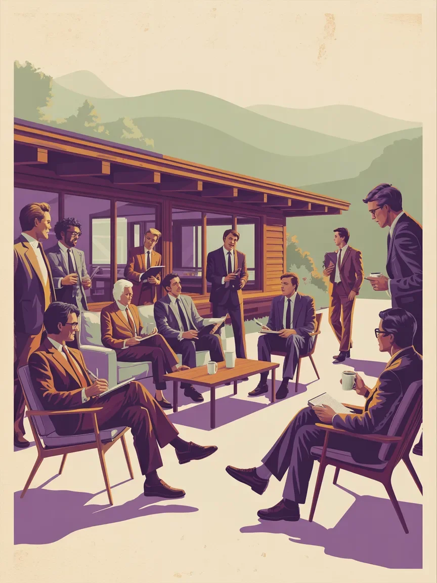 Retro illustration of diverse executives at corporate retreat strategic planning session in lodge venue