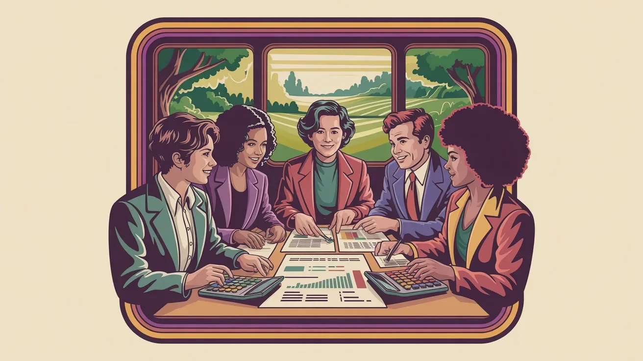 Retro illustration comparing impressive gross revenue to honest net revenue with diverse team reviewing