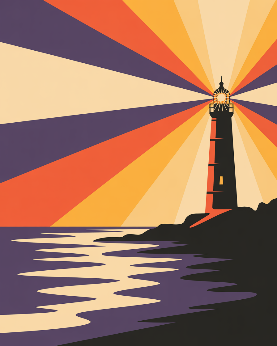 Retro Lake Michigan lighthouse illustration representing Purple Wave Creative roots in Northern Michigan