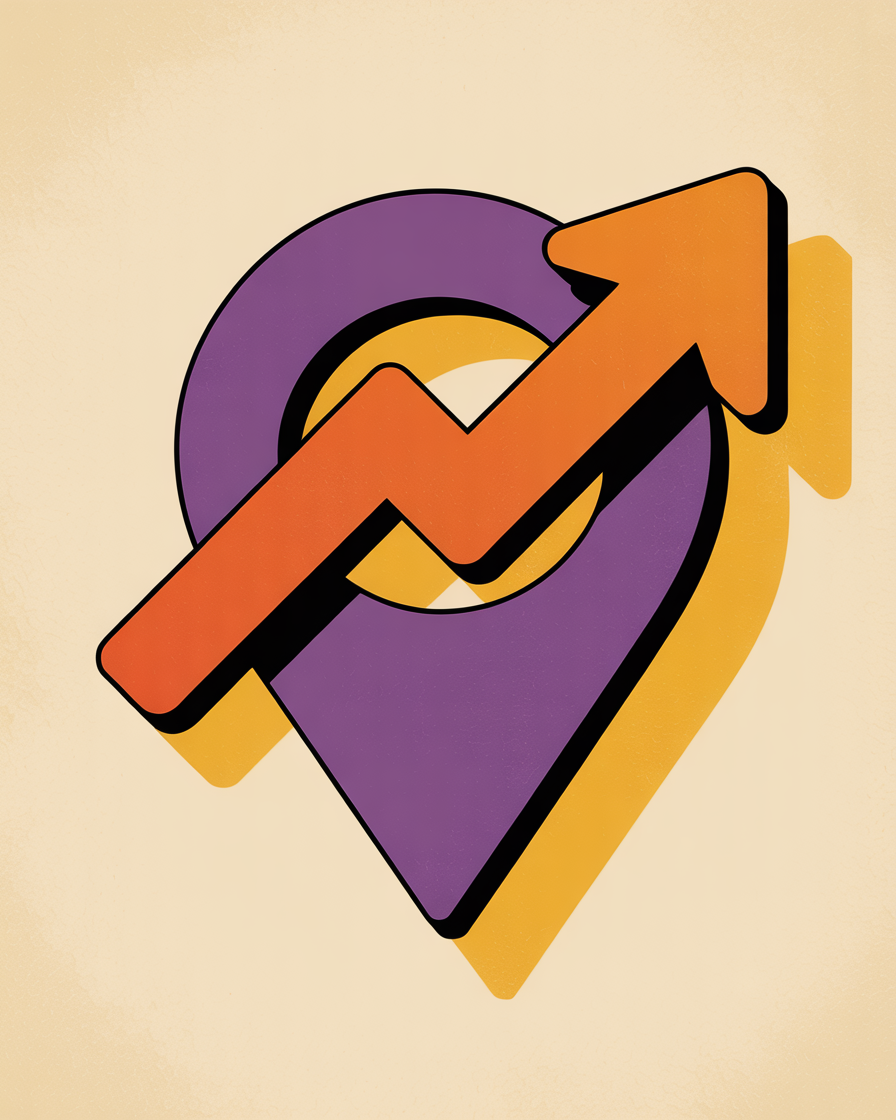 Retro location pin with upward arrow illustration representing local seo rankings improvement