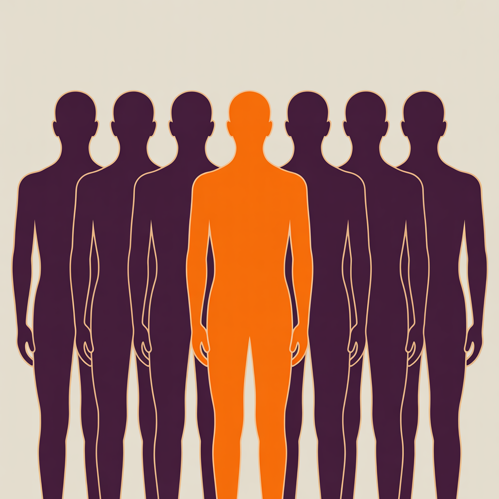Retro illustration of one figure standing out from identical crowd representing real estate agent differentiation