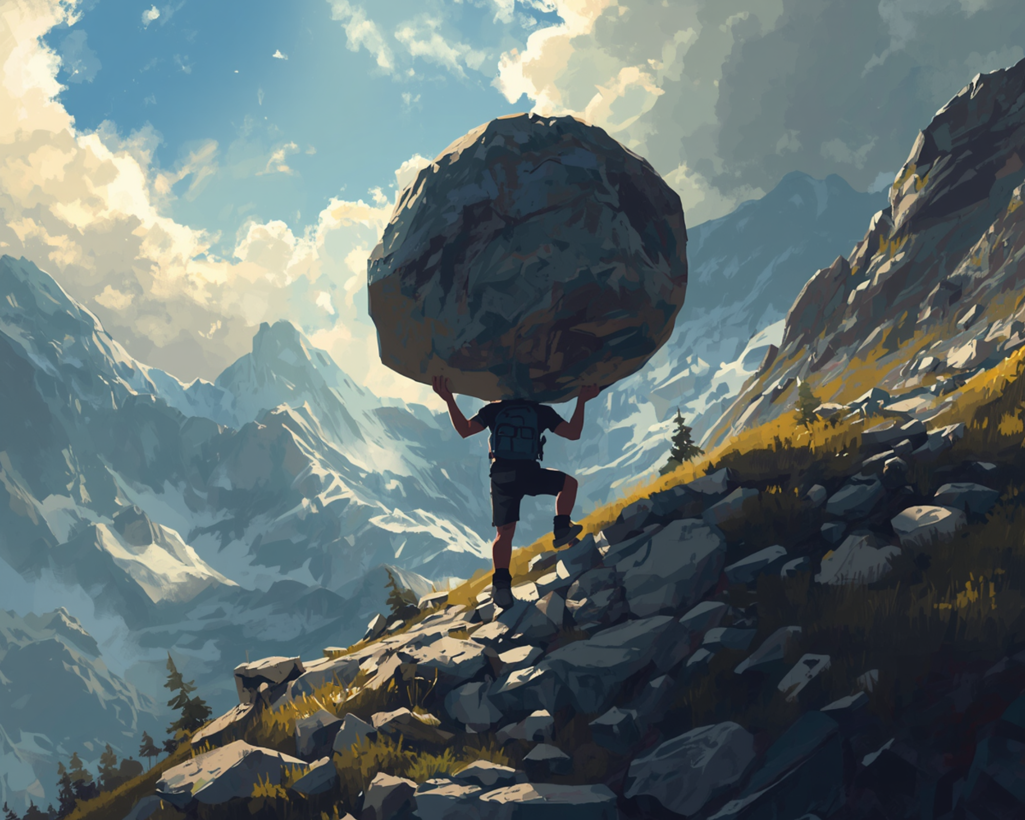 An illustration of a person hiking in mountains, carrying a large boulder on their back with arms raised to support it, surrounded by snow-capped peaks and autumn foliage.