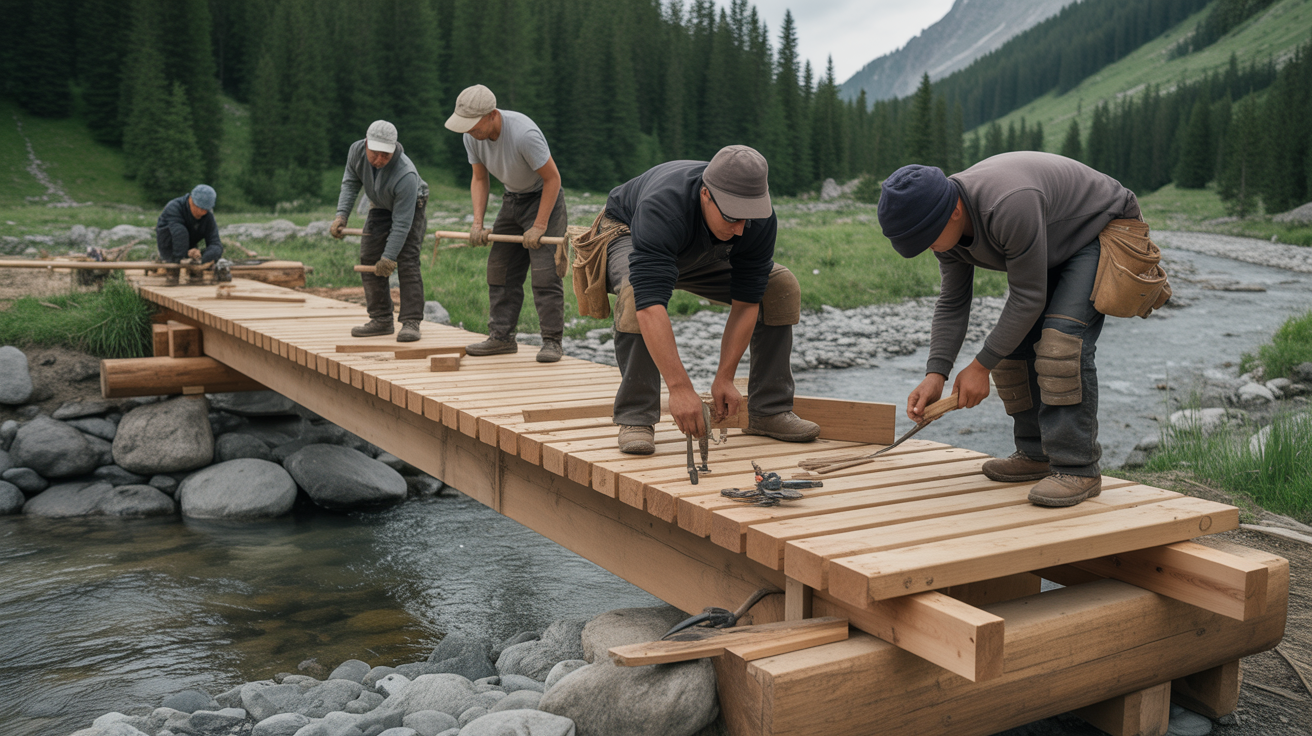 Craftspeople building bridge collaboratively representing coordinated marketing implementation with specialized expertise