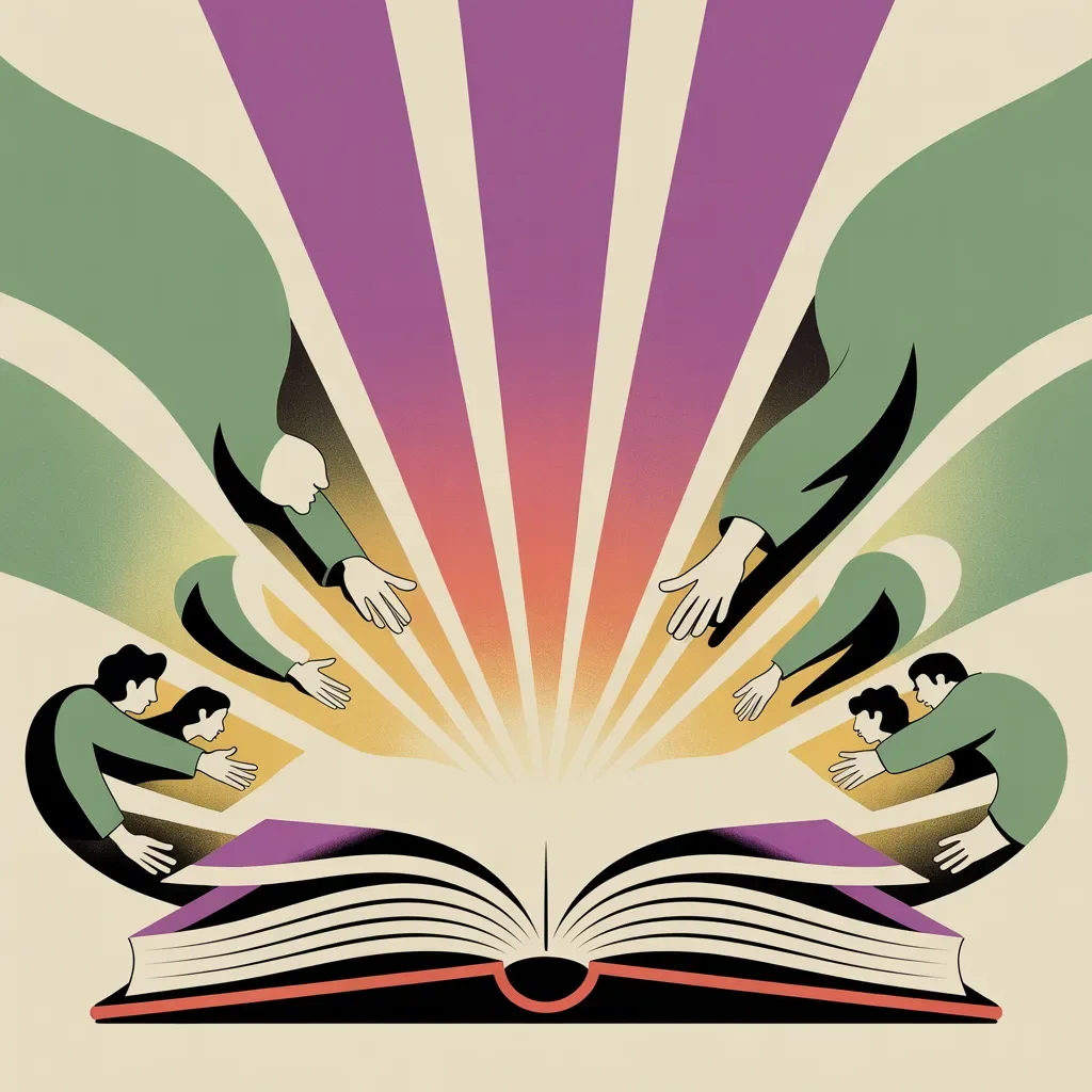 Retro illustration of content marketing authority with valuable content attracting diverse audience