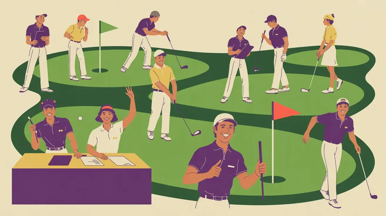 Retro illustration of coordinated diverse charity golf tournament volunteer team at various stations