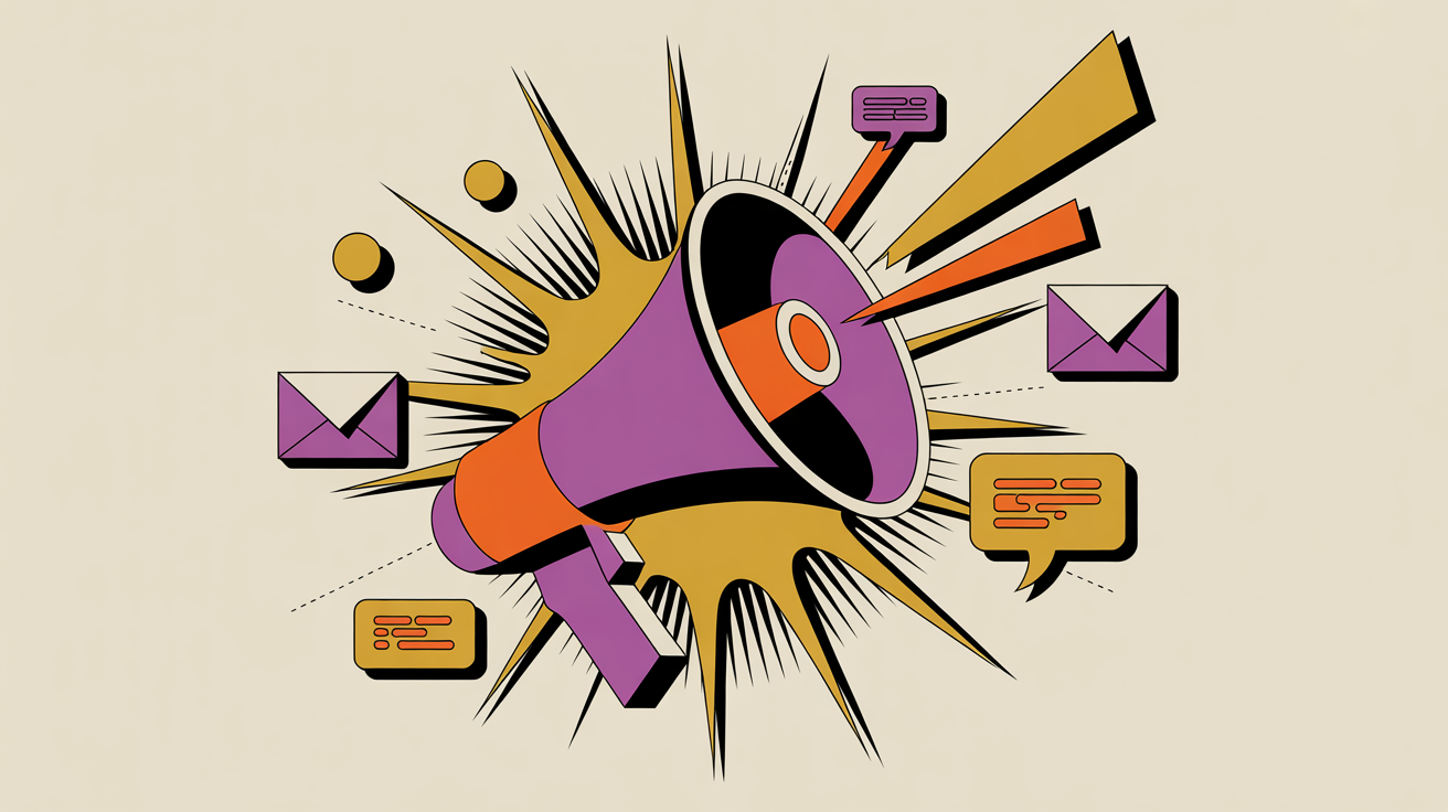 Retro illustration of a megaphone with radiating message lines representing affinity program communication and promotion