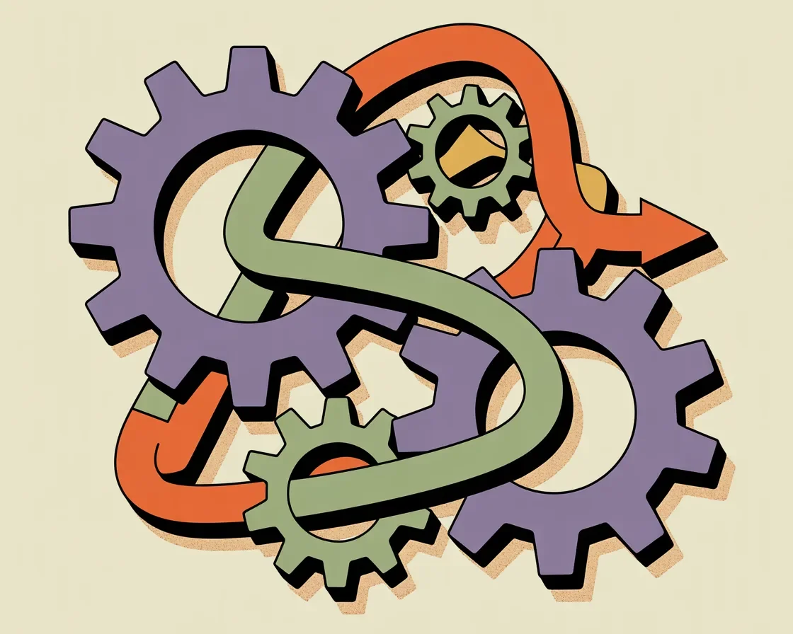 Retro illustration of event logistics and marketing promotion integrated as unified system