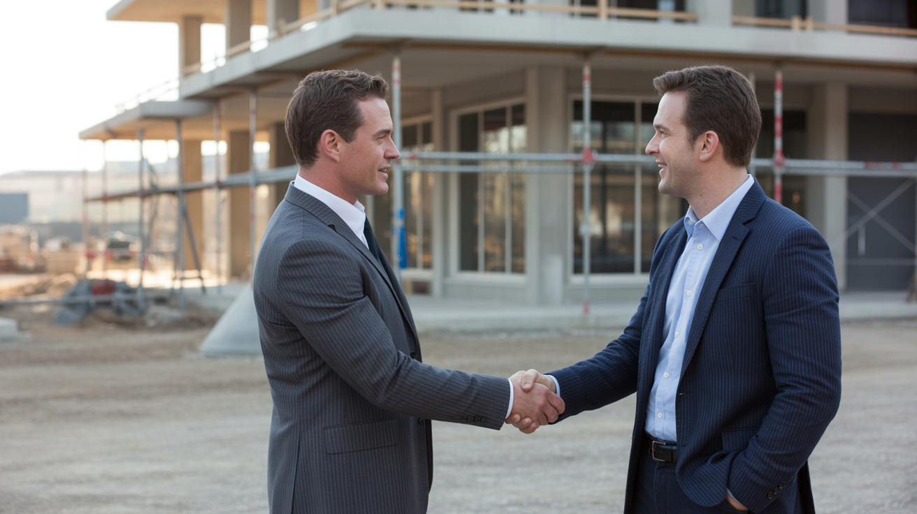 Construction company owner partnering with marketing consultant showing successful business relationship and growth trajectory