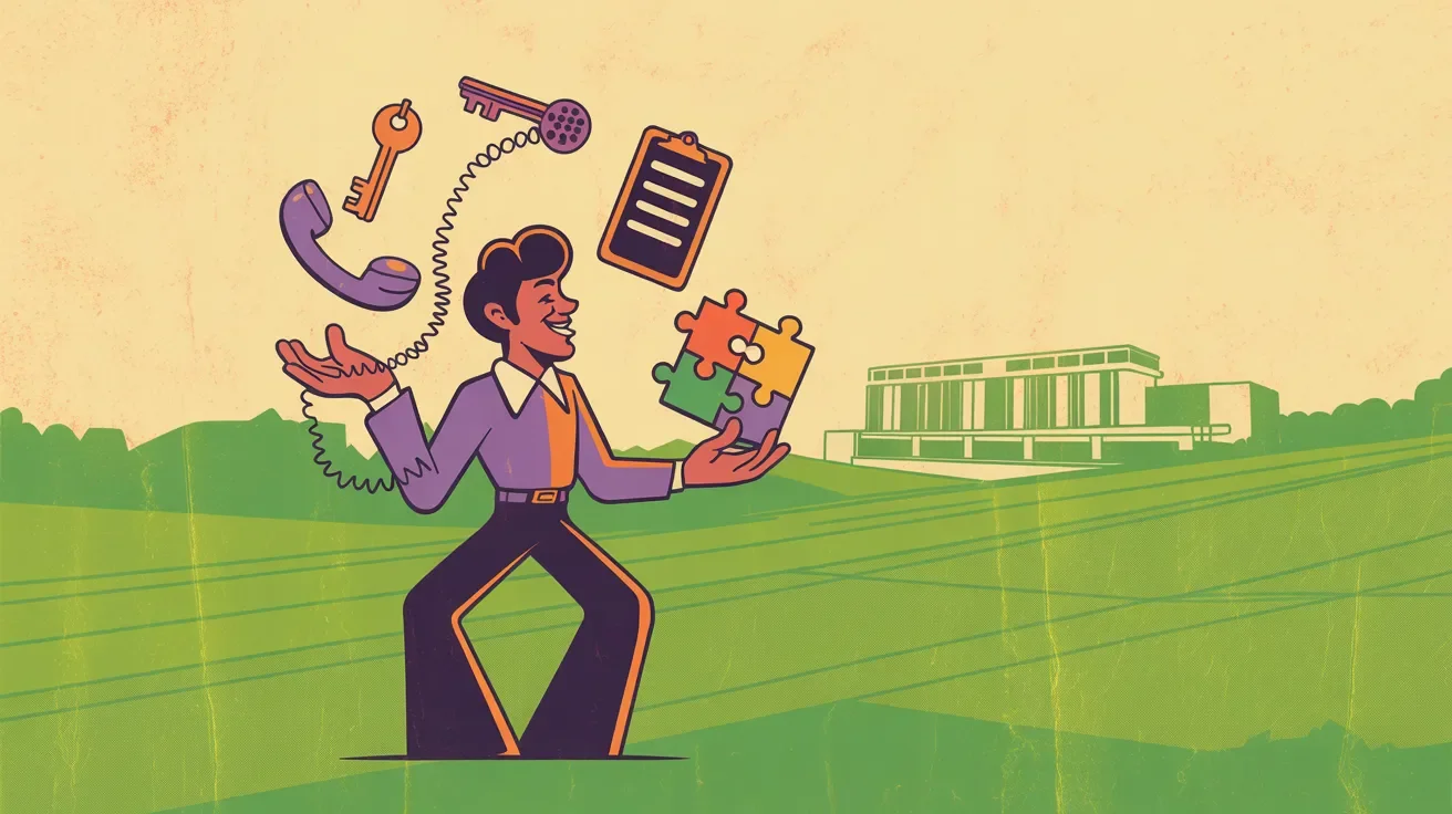 Retro illustration of corporate retreat planner juggling multiple responsibilities
