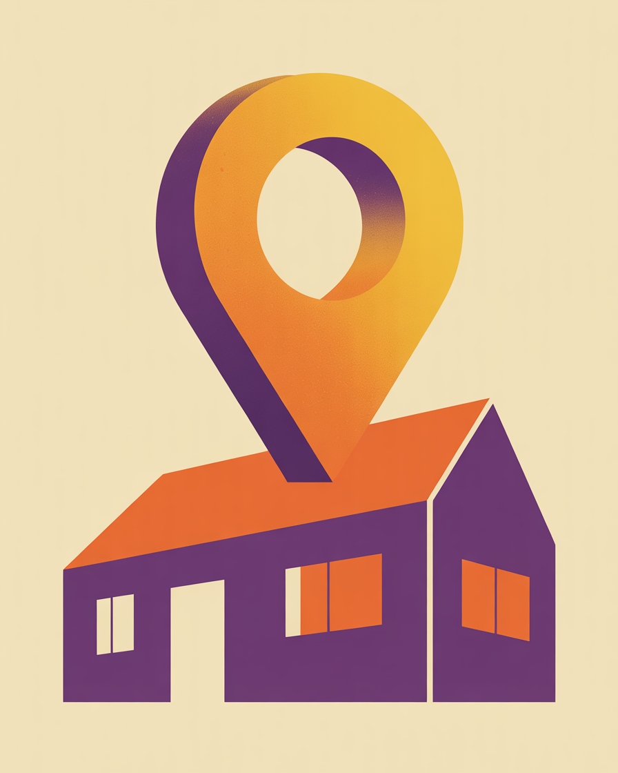 Retro house with location pin illustration representing local seo for real estate