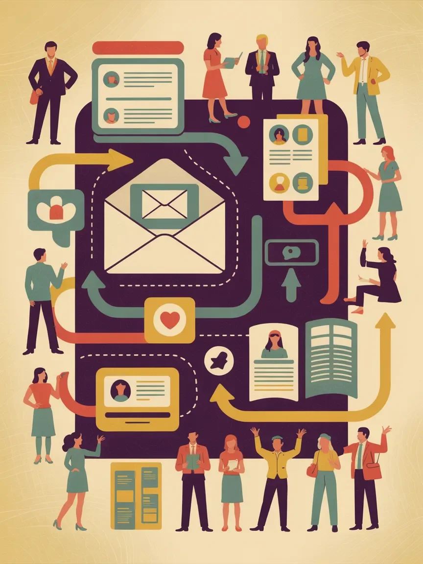 Retro illustration of integrated event marketing across email, social media, and print channels