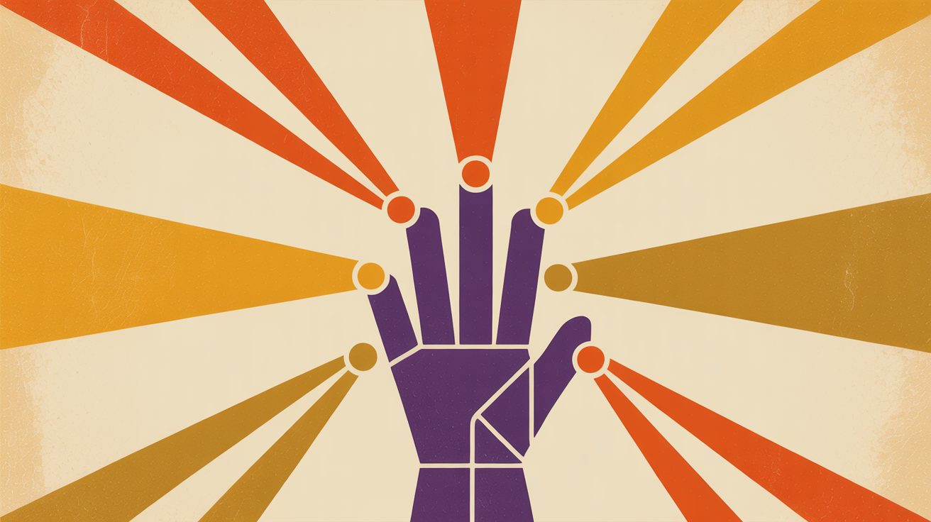 Retro illustration of a helping hand with social connection lines representing social media strategy assistance