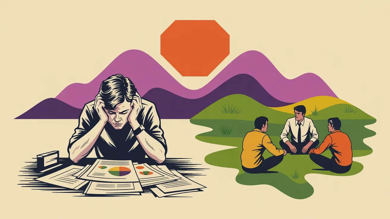 Retro illustration contrasting stressed DIY planner with relaxed leader at professionally planned retreat