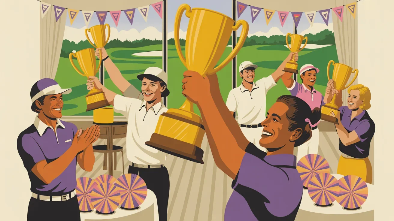 Retro illustration of charity golf tournament awards ceremony with diverse winners and sponsor recognition