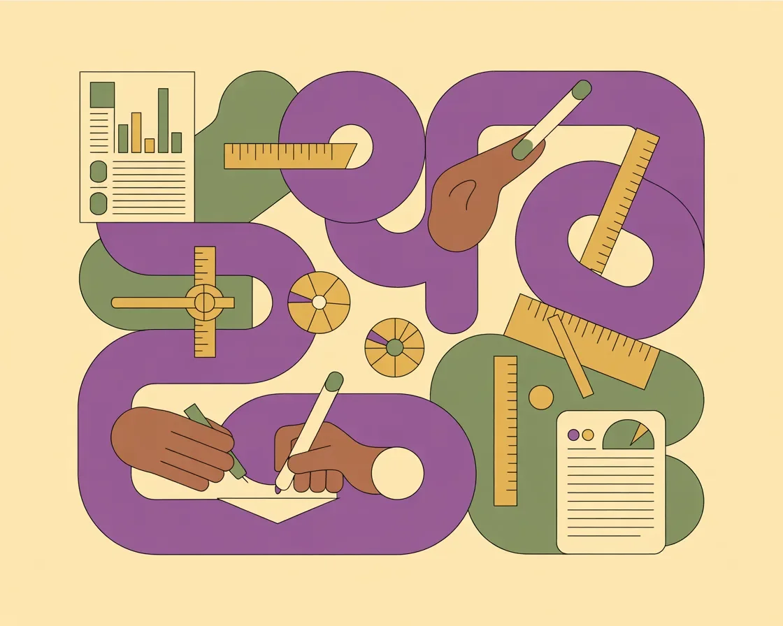 Retro illustration of post-event follow-up with thank you notes, reports, and measurement