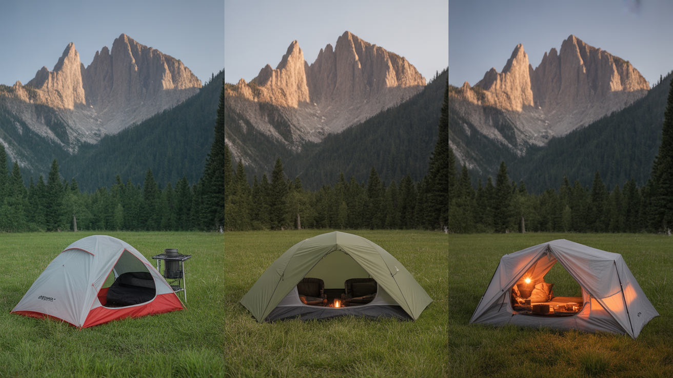 Different camping setups representing various marketing consulting investment levels and what each provides