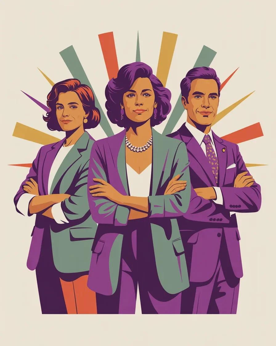 Retro illustration of diverse small business owner, nonprofit leader, and association executive standing confidently together