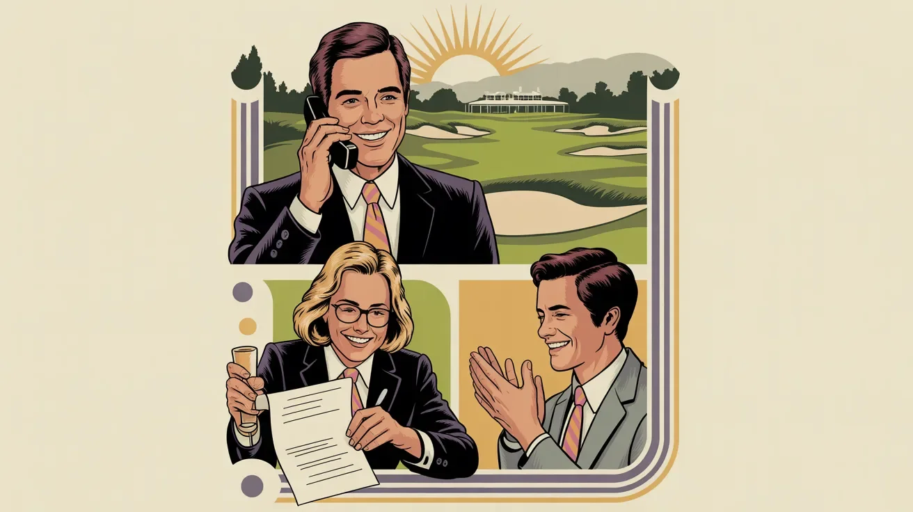 Retro illustration of personal golf outing recruitment through phone calls, notes, and direct invitations