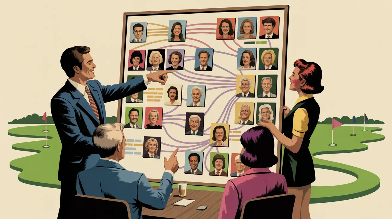 Retro illustration of corporate team strategically planning golf outing guest list with relationship mapping
