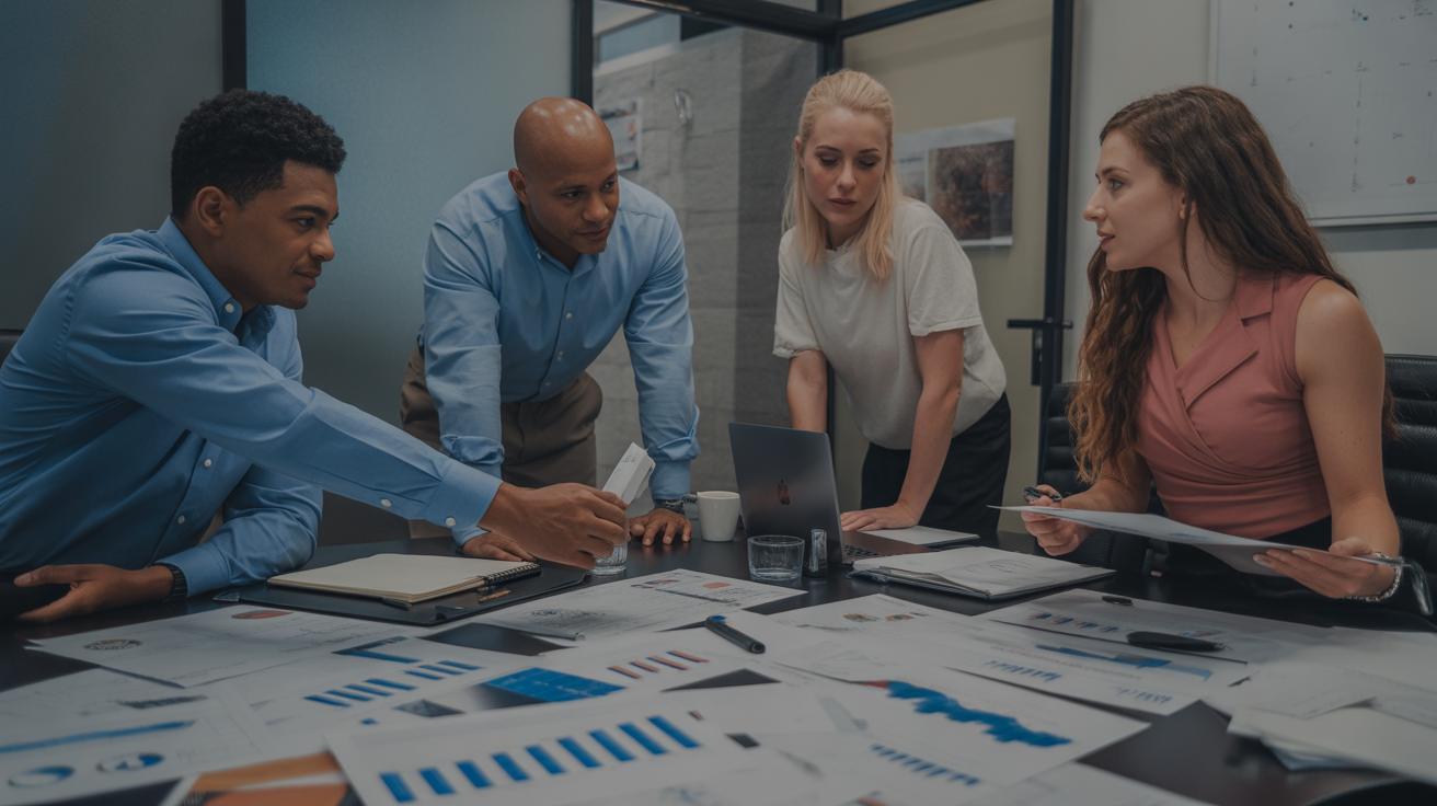 Contractor team making data-driven marketing decisions using comprehensive ROI analysis and performance metrics for strategic business planning and growth optimization