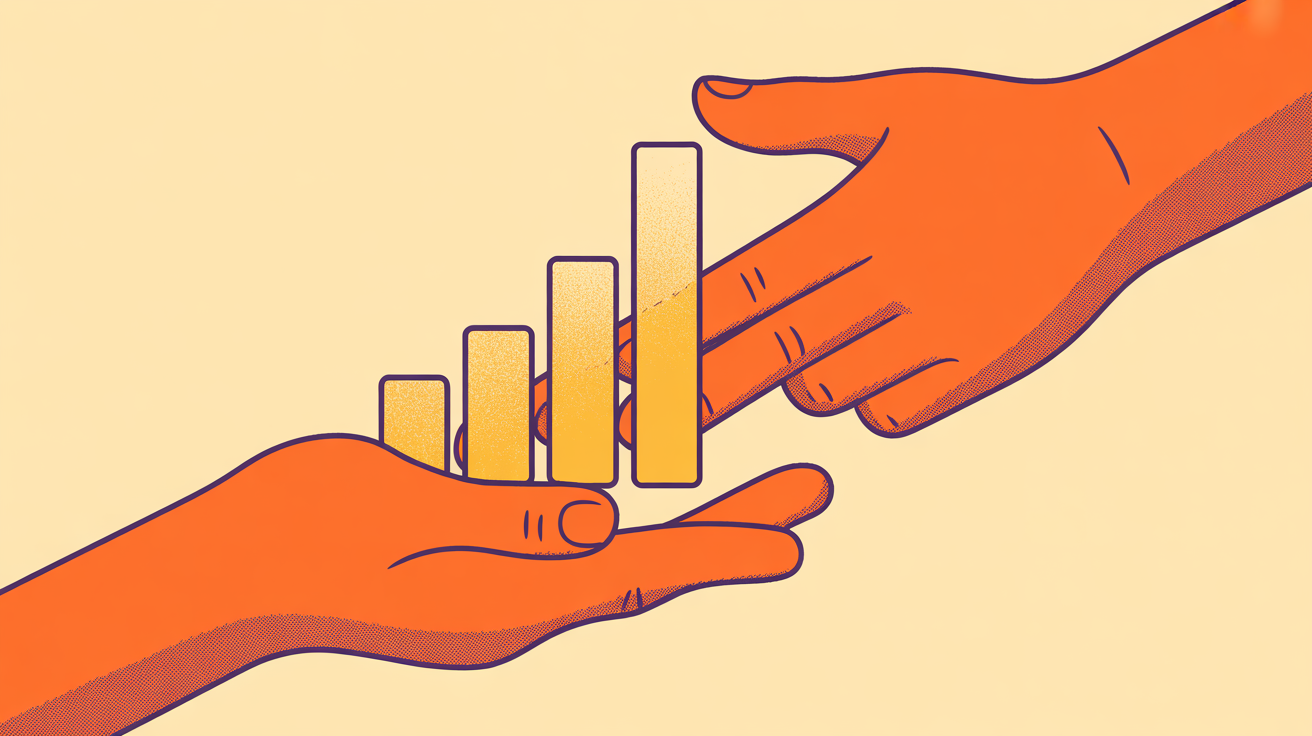 Retro illustration of a helping hand with growth chart representing marketing assistance for association revenue