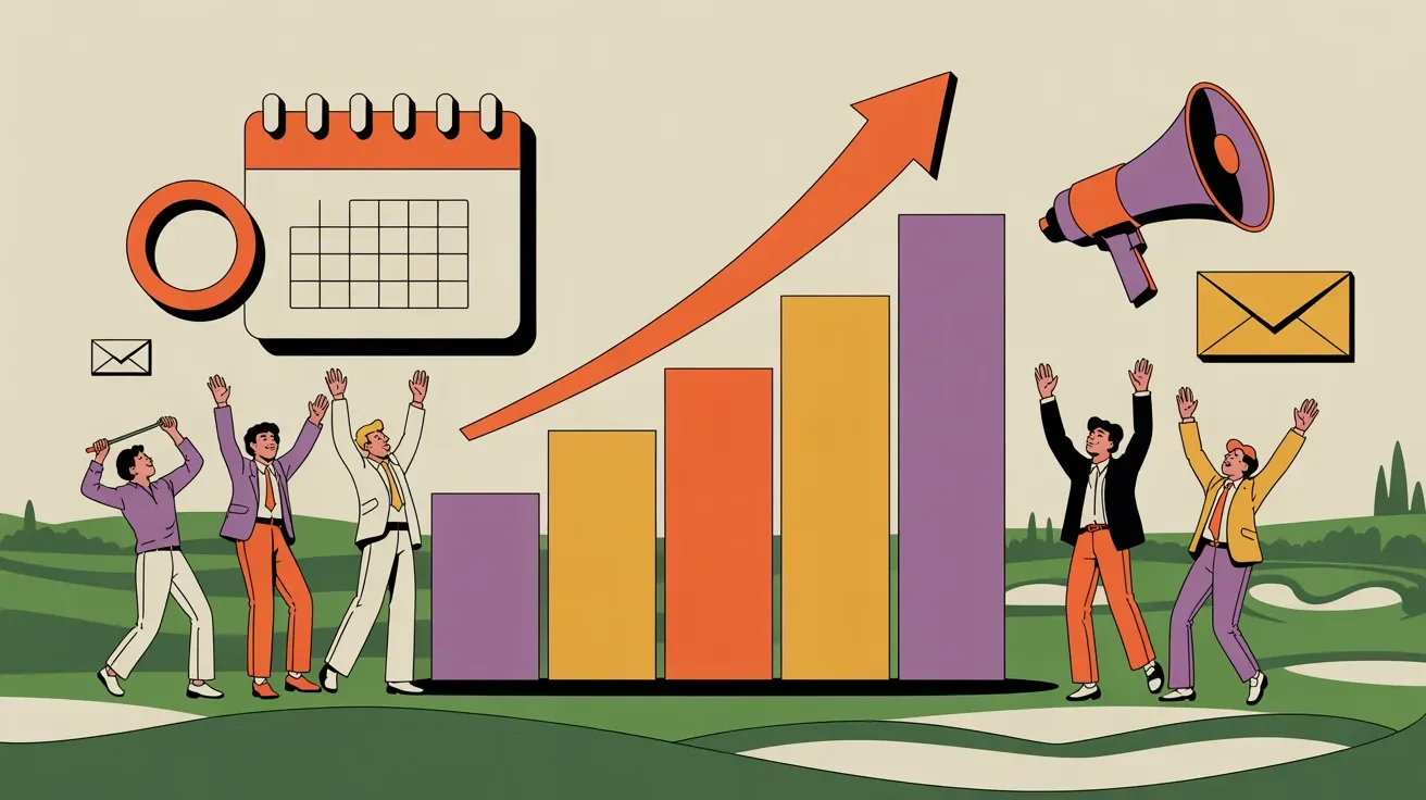 Retro illustration of comprehensive golf outing promotion checklist organized by timeline with progress visible