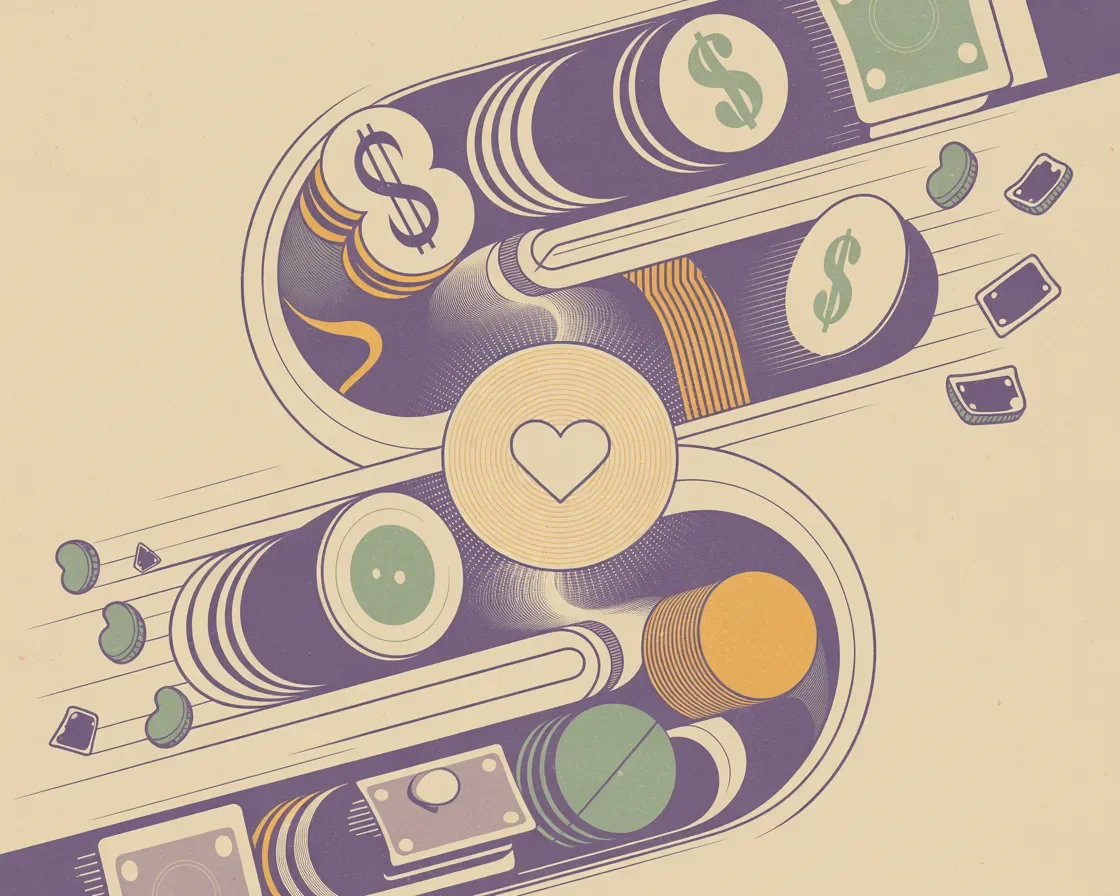 Retro illustration of event ROI focus with resources flowing efficiently toward mission