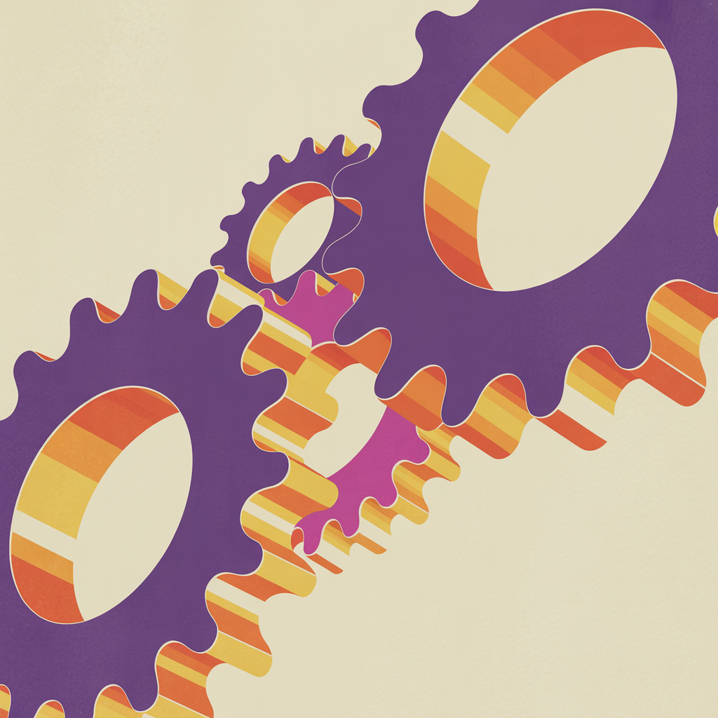 Retro interlocking gears illustration representing consistent marketing execution for realtors