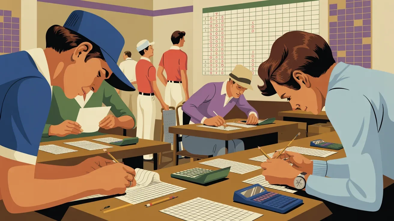 Retro illustration of golf outing scoring with volunteers tabulating scorecards and updating leaderboard