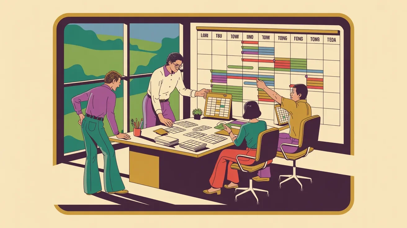 Retro illustration of organized charity event planning timeline with milestones and diverse team tracking progress