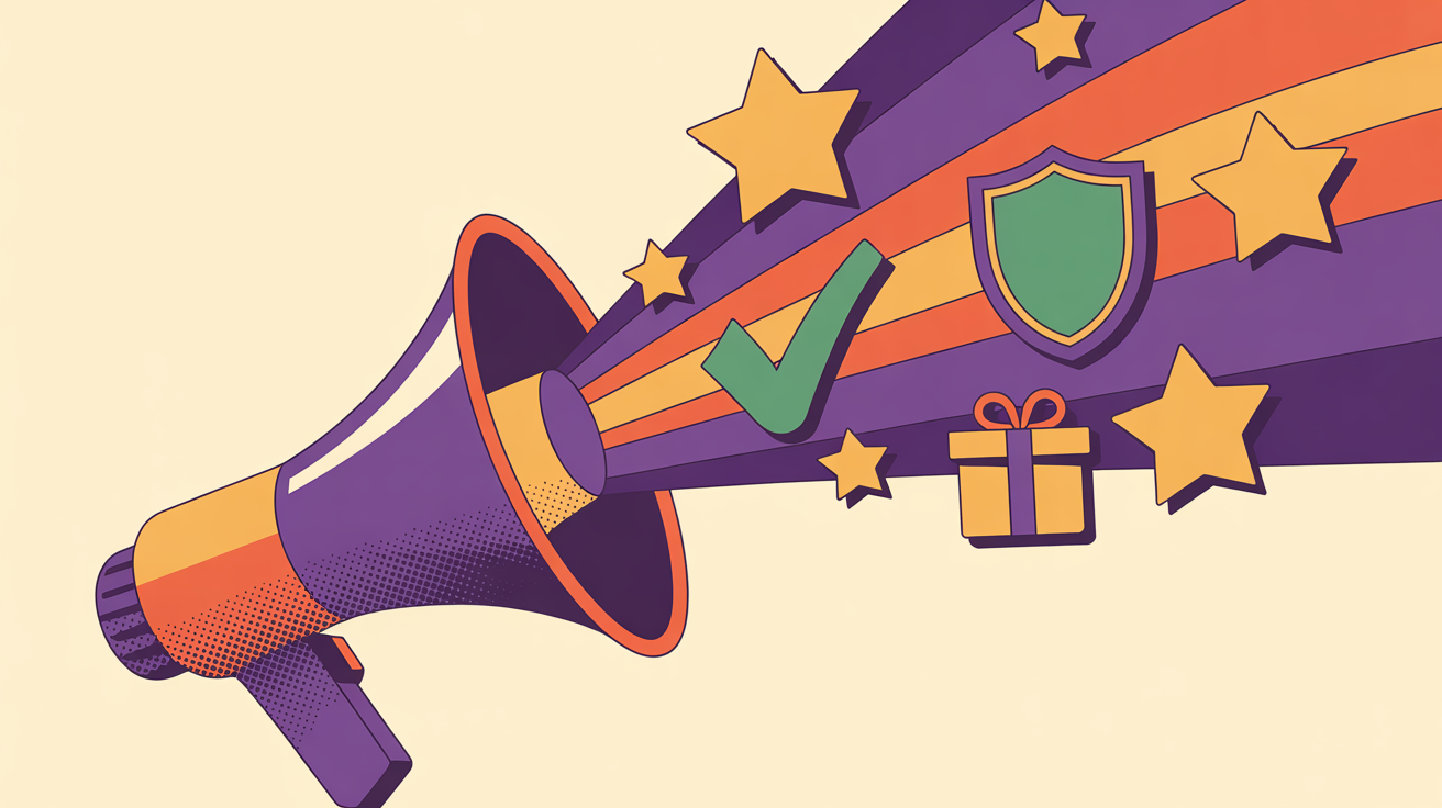 Retro illustration of a megaphone projecting value symbols representing communicating membership ROI and benefits