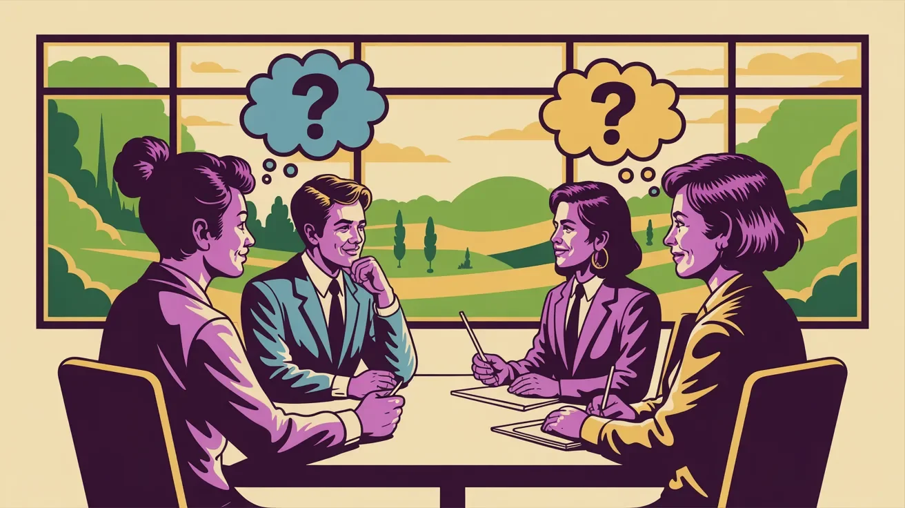 Retro illustration of nonprofit team interviewing event planner candidate with question bubbles above
