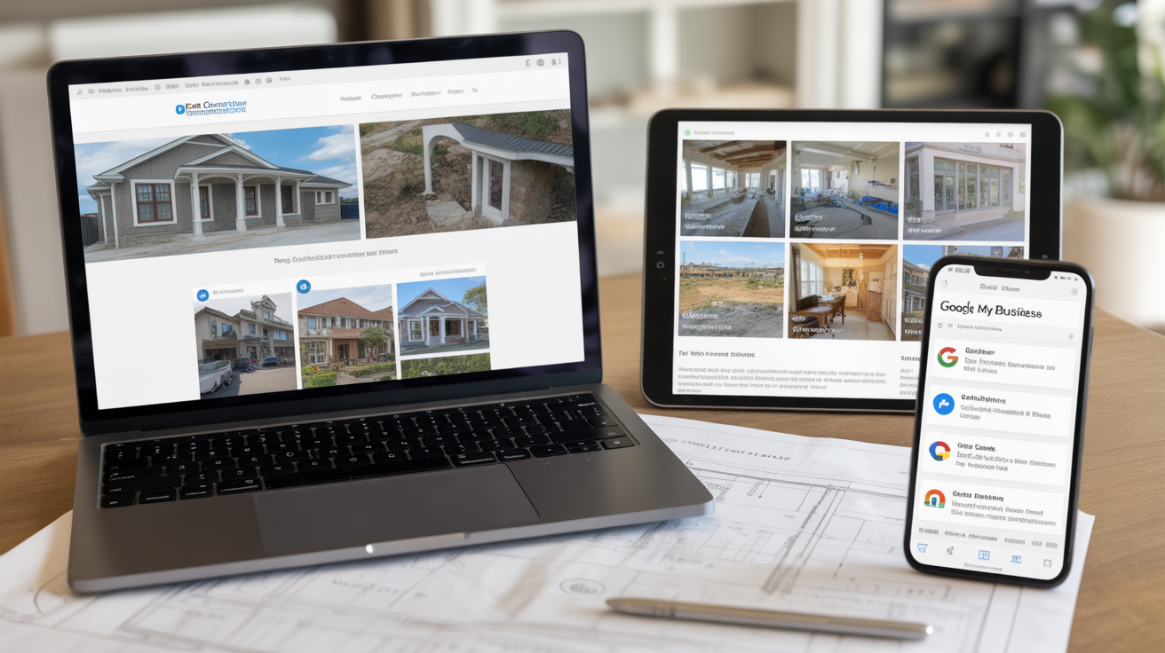 General contractor's comprehensive digital portfolio across multiple devices showing construction project diversity and professional online presence