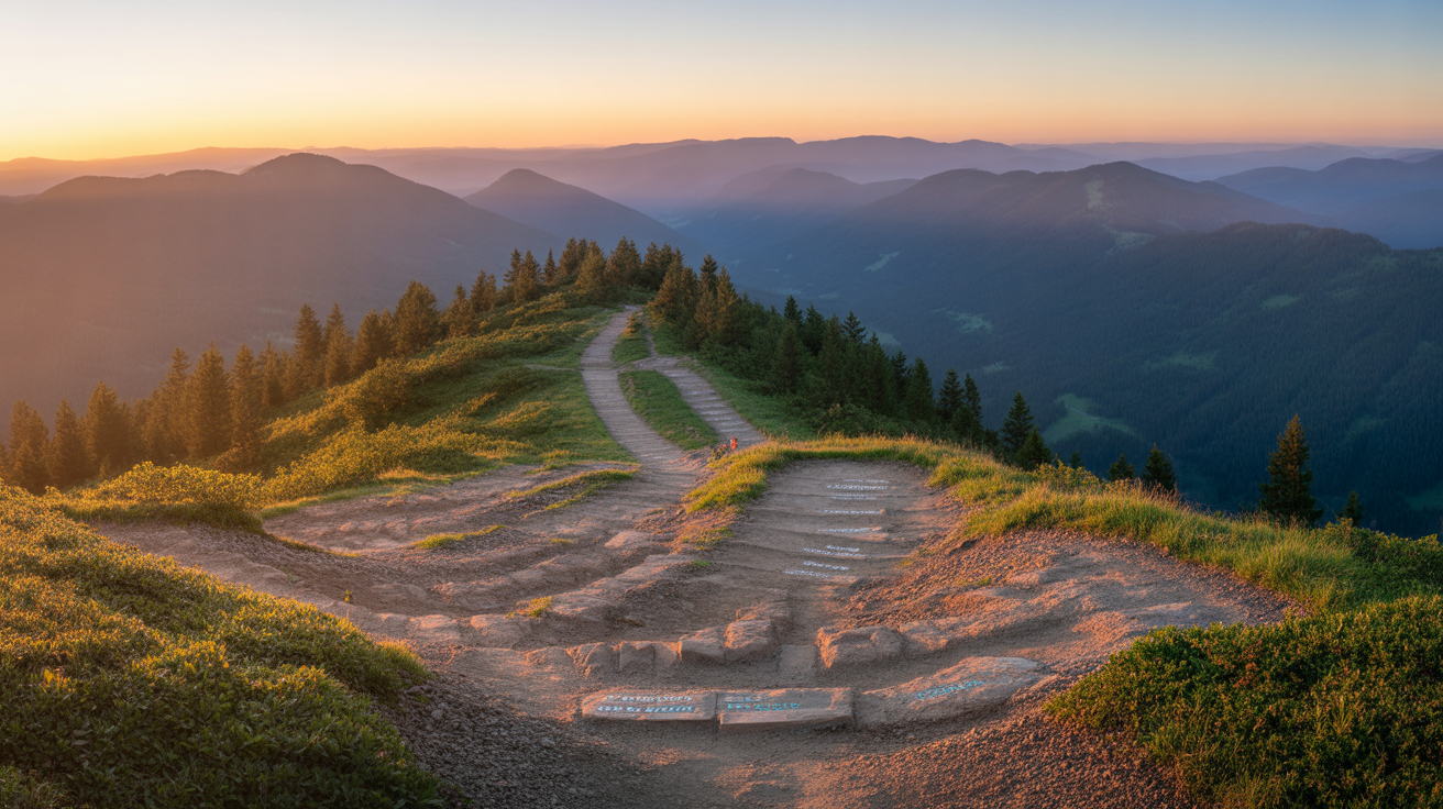 Mountain overlook with multiple trail options representing clear decision-making framework for choosing marketing approach