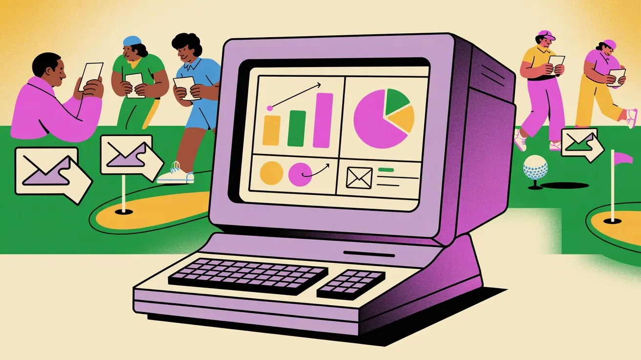 Retro illustration of golf outing email marketing campaign with diverse recipients and registration metrics