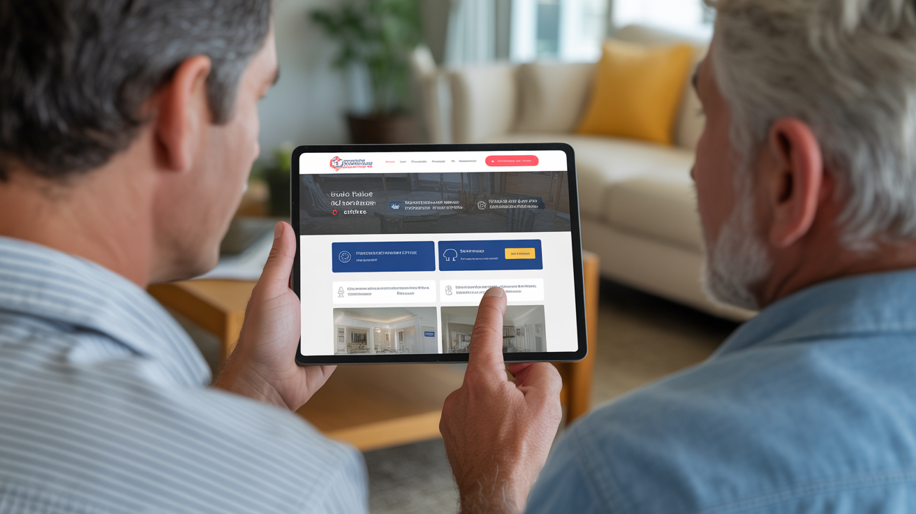 HVAC contractor and customer reviewing professional website showing service options and easy contact methods for HVAC services