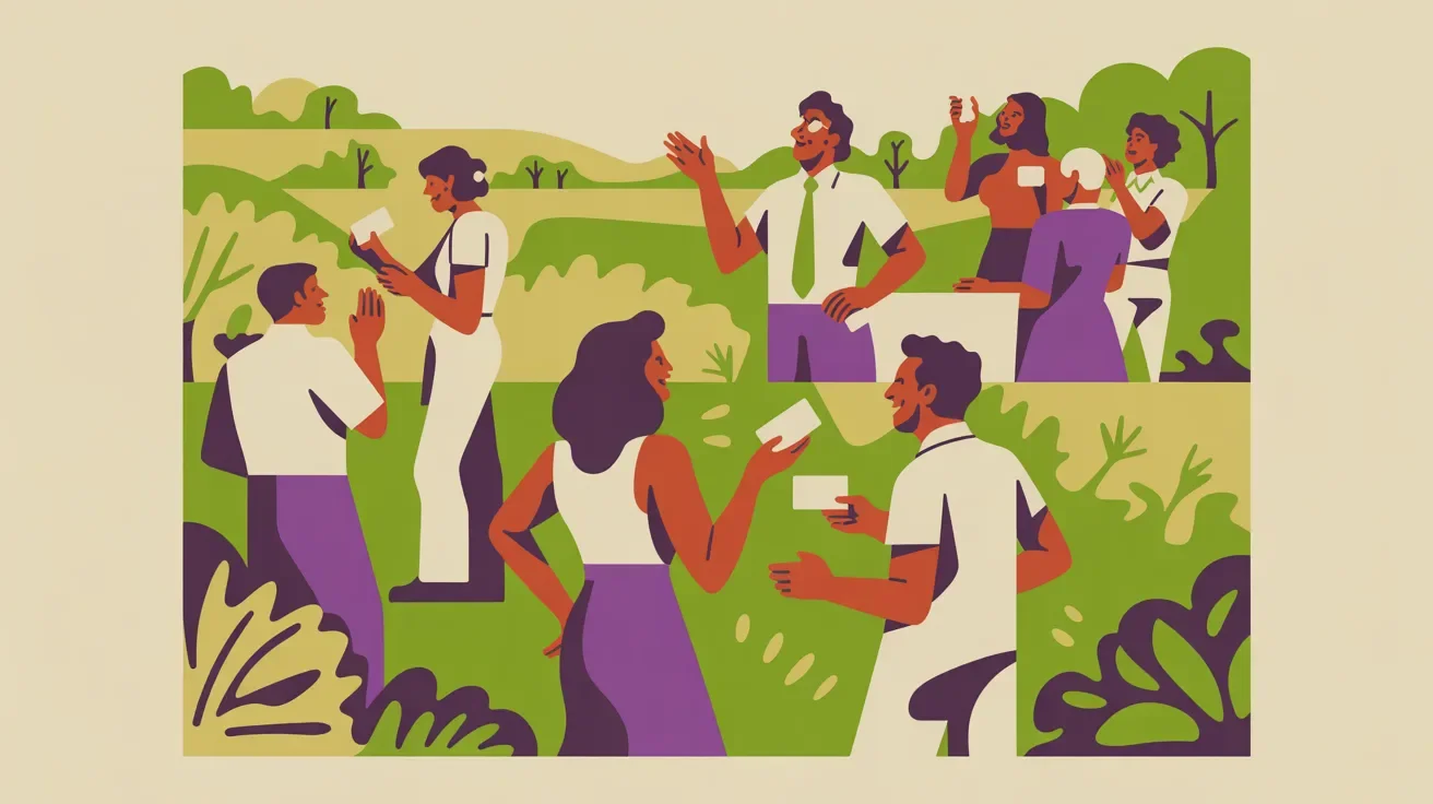 Retro illustration of diverse association members forming genuine connections at facilitated networking event