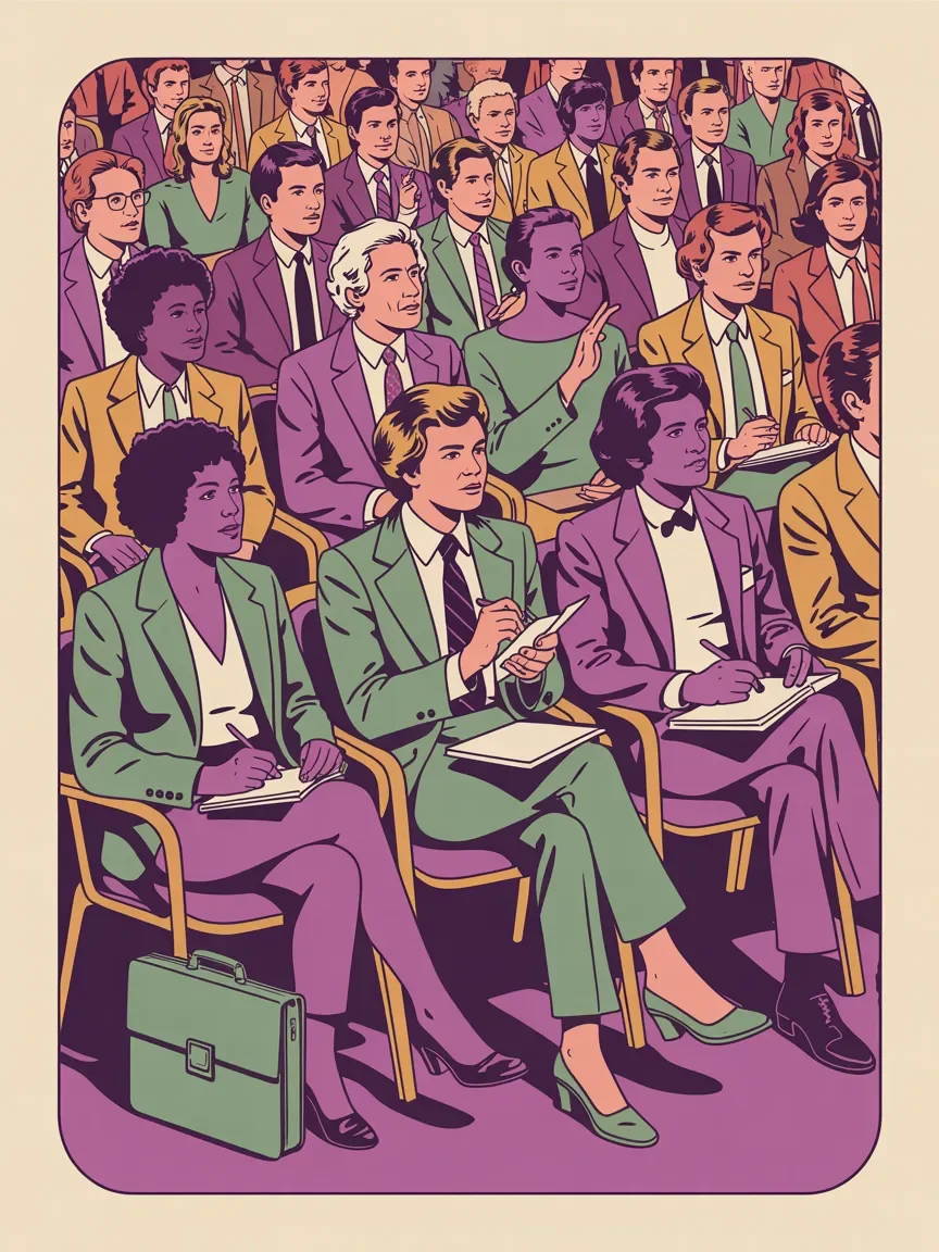 Retro illustration of diverse attendees engaged at association conference keynote session