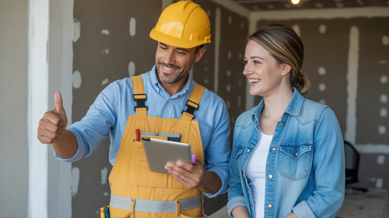 General contractor and client reviewing professional website showing construction services and project portfolio with user-friendly design and clear navigation