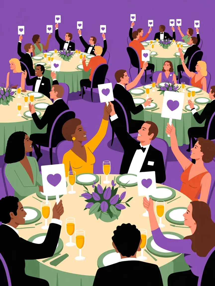Retro illustration of diverse donors at nonprofit gala with paddle raise and mission connection
