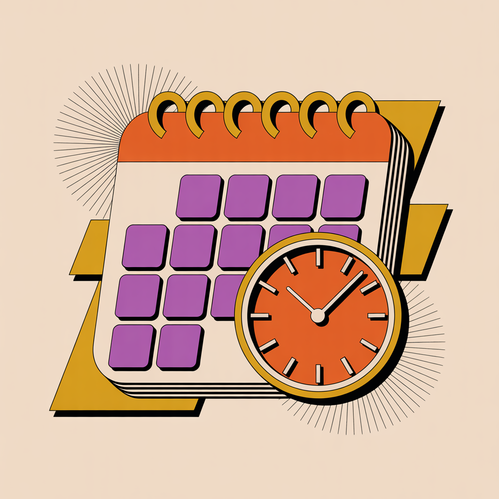 Retro calendar and clock illustration representing social media posting and scheduling services