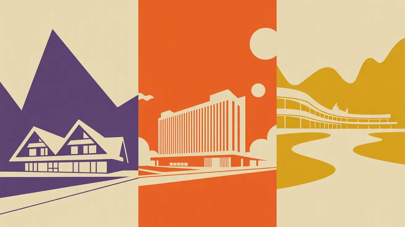 Retro illustration comparing corporate retreat venue options including lodge, conference center, and resort