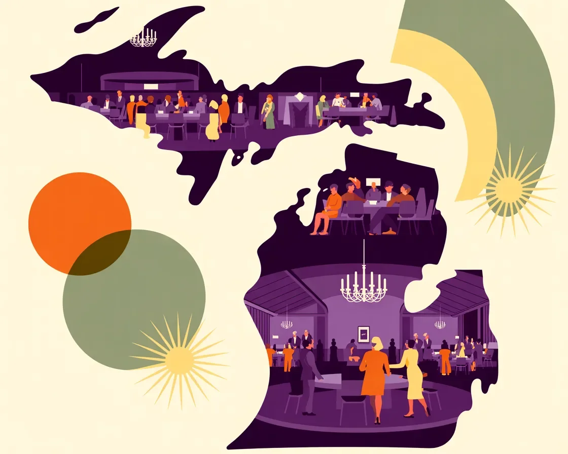 Retro illustration of Michigan-based event planning services with diverse attendees at various venues